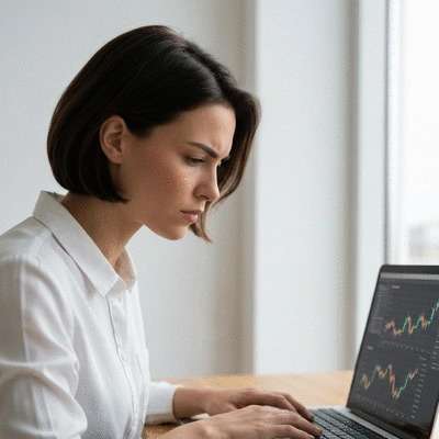 Person analyzing cryptocurrency charts on a laptop with a focused expression