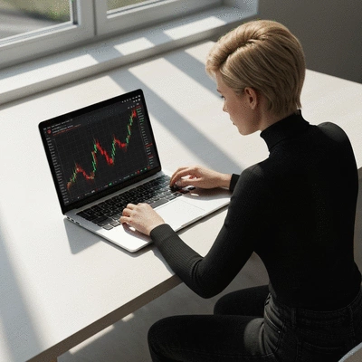 Person looking at a cryptocurrency chart on a laptop, showing a steep decline