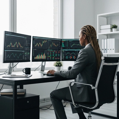 Person analyzing cryptocurrency market data on multiple screens