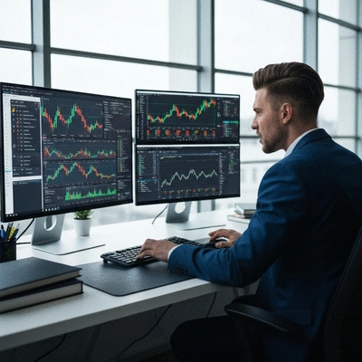 Person making data-driven trading decisions on multiple screens