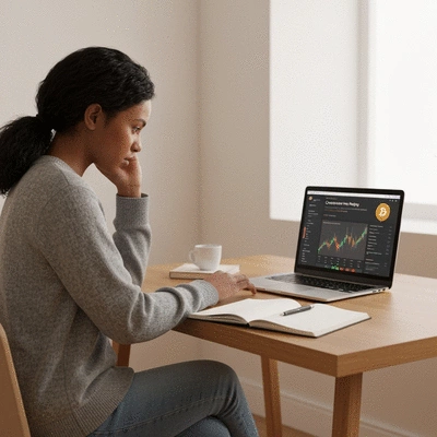 Person engaging in online learning, attending a webinar on crypto analysis with a laptop
