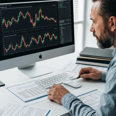 Person analyzing cryptocurrency charts on a computer with regulatory documents scattered on a desk