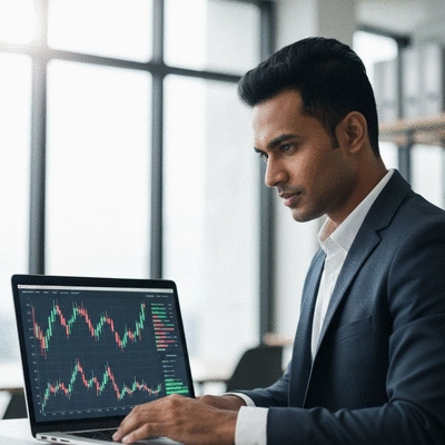 A focused investor planning cryptocurrency investments on a laptop with charts in the background, no text, no words, no typography, clean image