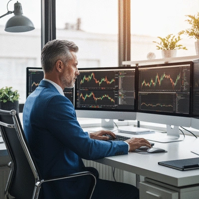 Focused trader analyzing cryptocurrency charts on multiple screens