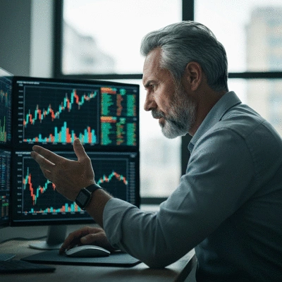 Cryptocurrency investor analyzing market data on multiple screens