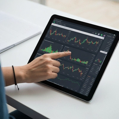 A person's hand interacting with a tablet displaying various cryptocurrency charting tools and indicators, representing the use of free charting tools and resources, no text, no words, no typography, 8K