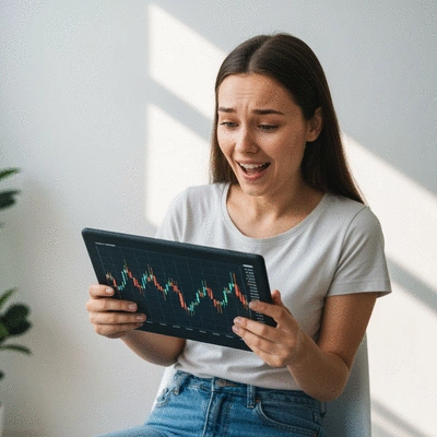 Person looking at crypto charts on a tablet, reflecting mixed emotions of fear and greed, clean image