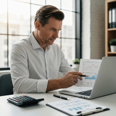 Person reviewing tax documents and crypto charts on a laptop