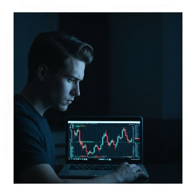 Person looking at a volatile cryptocurrency chart on a laptop, representing a market crash