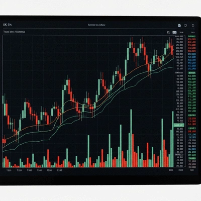 Detailed crypto price chart with candlesticks, volume bars, and trend lines on a digital screen