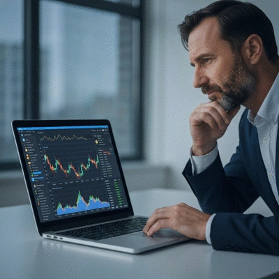 Investor reviewing cryptocurrency portfolio on a laptop