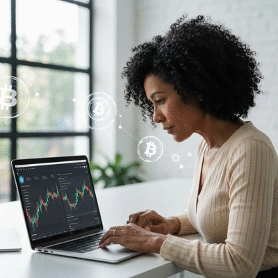Person analyzing crypto portfolio on a laptop, with stablecoin symbols