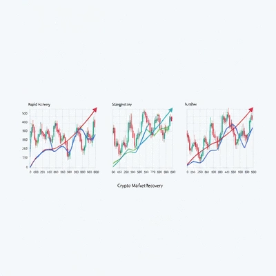 Visual representation of three crypto market recovery scenarios: rapid recovery, stagnation, and further decline