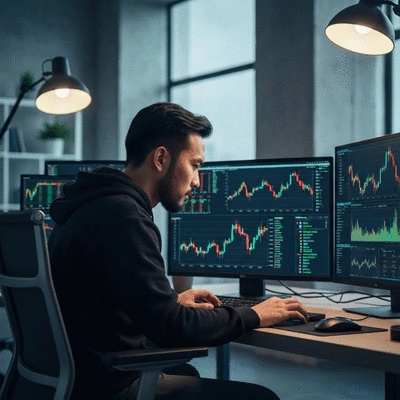 Person using multiple screens to analyze cryptocurrency data and charts