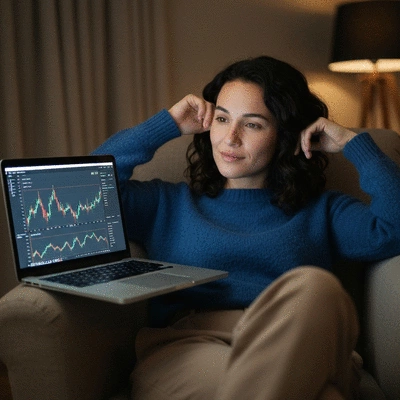Person making a thoughtful decision about cryptocurrency on a laptop