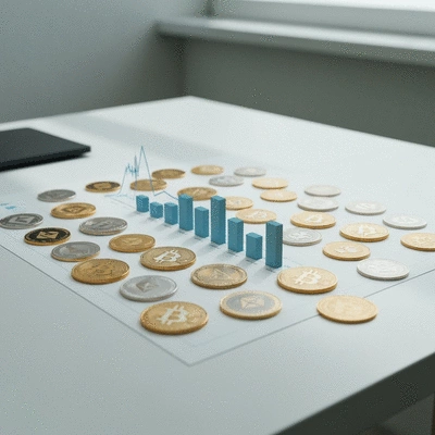 Diverse cryptocurrency portfolio represented by various crypto coins and a growth chart