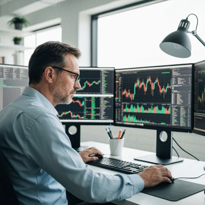 Crypto investor monitoring market data on multiple screens