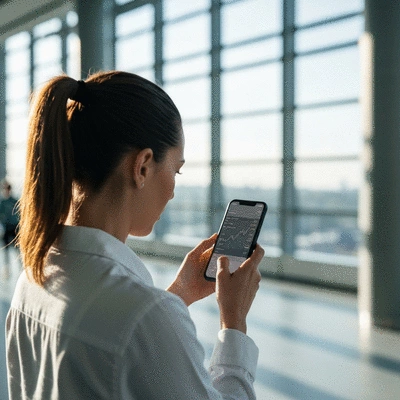Person using a smartphone to check cryptocurrency prices, with a blurred background of a modern office or trading floor