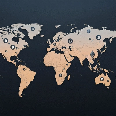 Global map with cryptocurrency symbols, representing global events impact on crypto markets