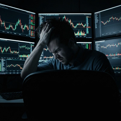 Trader looking stressed at multiple computer screens showing cryptocurrency charts, no text, no words, no typography, clean image