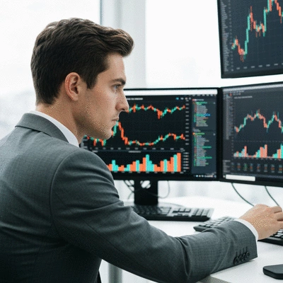 Professional cryptocurrency analyst working on multiple screens with charts and data