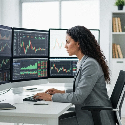 Crypto investor analyzing market data on multiple screens, showing charts and graphs