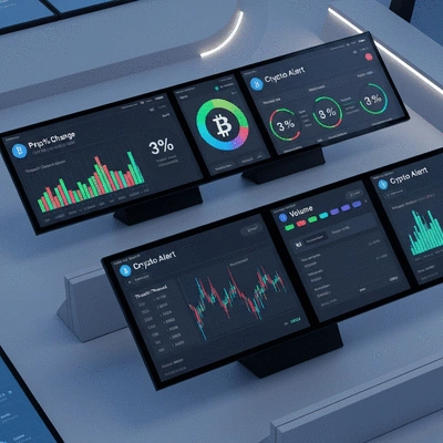 Various crypto price alert types shown on multiple digital screens