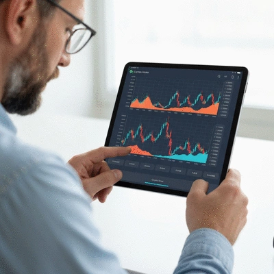 Person analyzing crypto market data on a tablet, showing charts and graphs, no text, no words, no typography, clean image