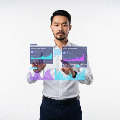 Person interacting with a holographic cryptocurrency chart showing staking rewards