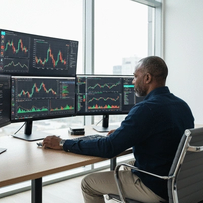 A crypto trader analyzing charts on multiple screens, showing various technical indicators and price movements, in a modern, focused setting, no text, no words, no typography, 8K