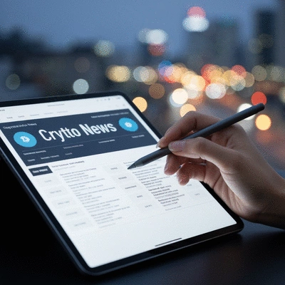 Financial news headlines on a tablet, with a person's hand holding a stylus, blurred background, representing staying informed