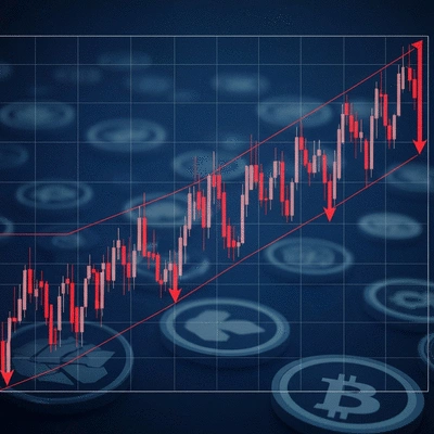 Cryptocurrency market chart showing a sharp decline, with red downward arrows and digital assets in the background, no text, no words, no typography, clean image