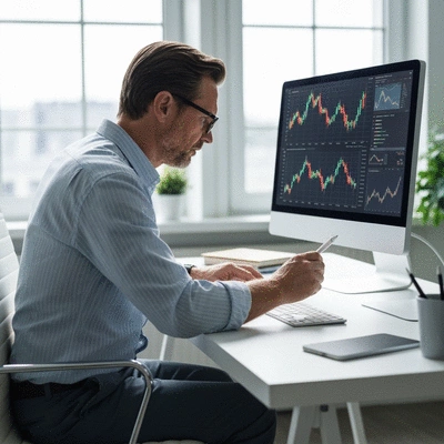 Crypto investor studying market charts on a computer