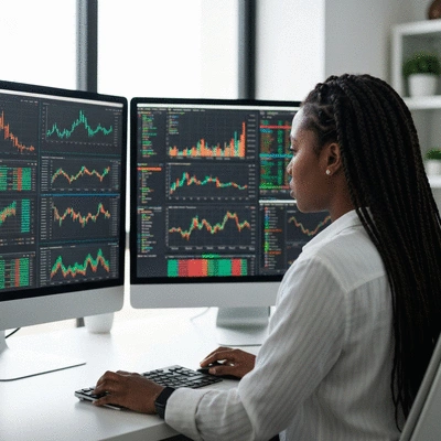 Person analyzing cryptocurrency market data on multiple screens