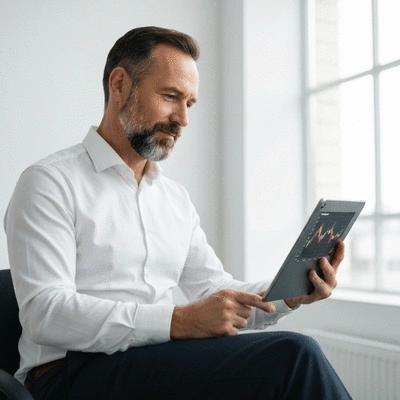 Person looking at stablecoin charts on a tablet, symbolizing market stability