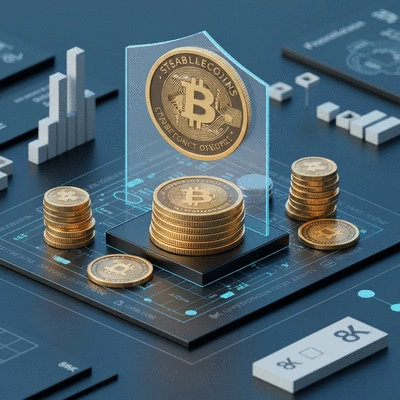 Digital representation of stablecoins shielding a cryptocurrency portfolio from market volatility, clean image, no text