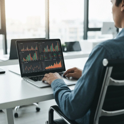 Person analyzing crypto market data on a laptop, showing charts and graphs