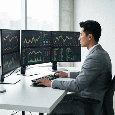 Person using multiple screens for crypto analysis, showing adaptability and strategic foresight in trading, clean image