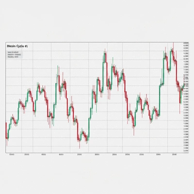 Bitcoin price chart showing historical cycles with peaks and troughs