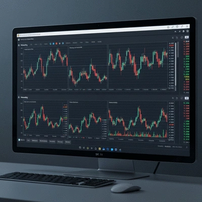 Digital display showing multiple cryptocurrency charts across different timeframes (daily, weekly, monthly), no text, no words, no typography, 8K
