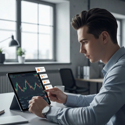 Person looking at crypto price chart on a tablet with alerts popping up