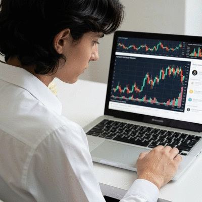 Person using a laptop to monitor cryptocurrency charts and news, symbolizing staying informed in a volatile market, no text, no words, no typography, clean image