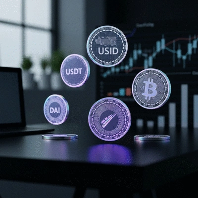 Diverse stablecoins on a clean desk with financial charts