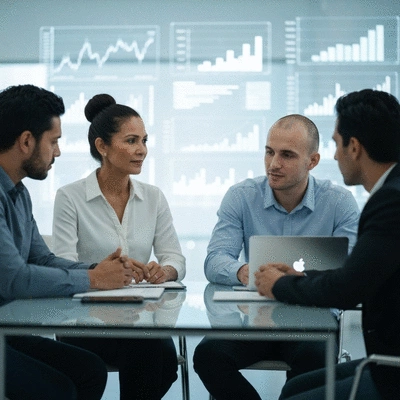 Diverse group of investors collaborating and discussing cryptocurrency hedging strategies, with digital charts in the background
