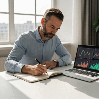 Person writing in a trading journal with a pen, next to a laptop displaying financial charts, clean image