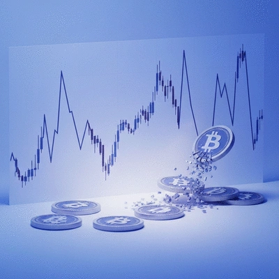 Abstract depiction of cryptocurrency market instability with falling graphs and digital coins