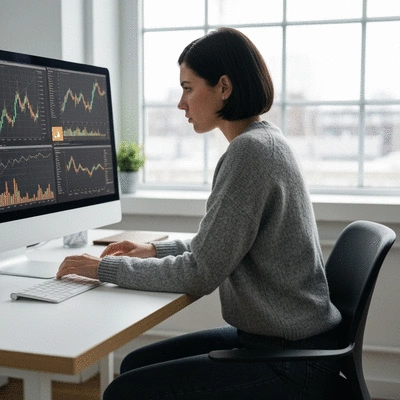 Person analyzing cryptocurrency charts on a computer with a serious expression