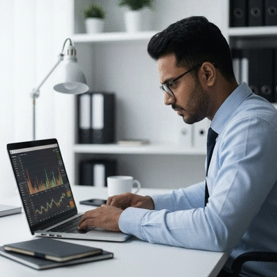 Person analyzing cryptocurrency charts on a laptop