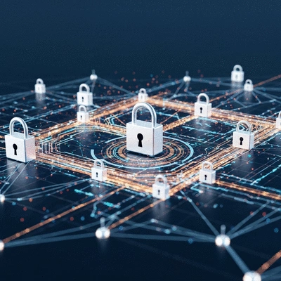 Abstract representation of blockchain technology with security locks and data flow, symbolizing DeFi security