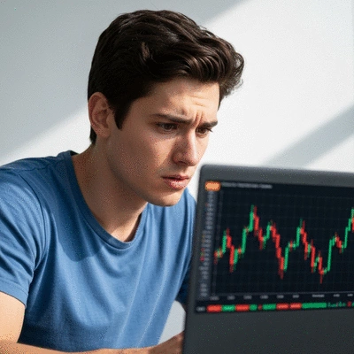 Person looking at crypto market chart with mixed emotions